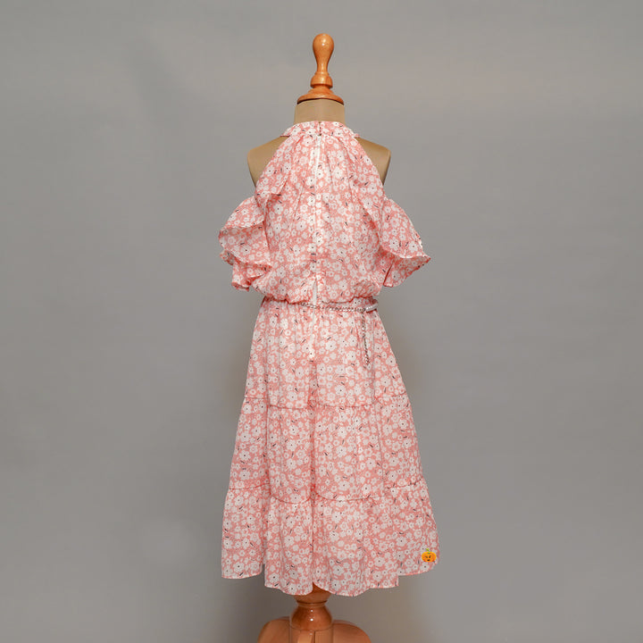 Pink Floral Print Midi Dress For Girls