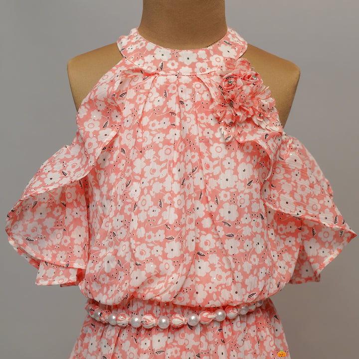 Pink Floral Print Midi Dress For Girls