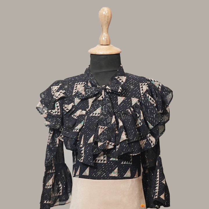 Navy Blue Fawn Frill Girls Midi Close Up View