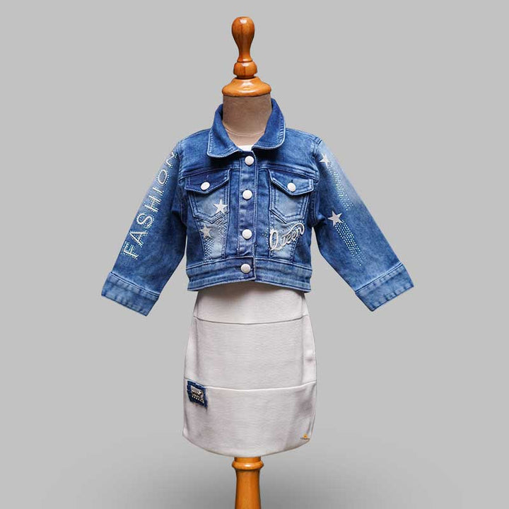 Solid Girls Midi Set with Denim Jacket Front View