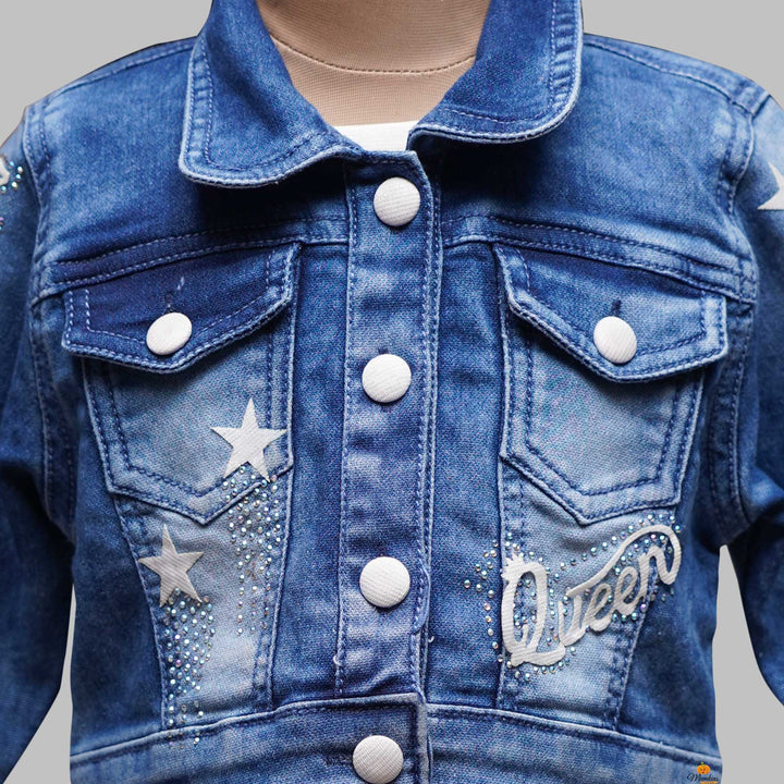 Solid Girls Midi Set with Denim Jacket Close Up View