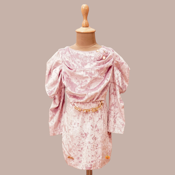 Pink Solid Shiny Winter Girls Midi Front View
