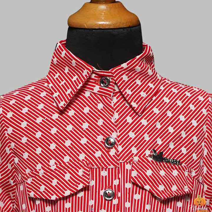 Red-Yellow Girls Midi with Polka Dots Close Up View