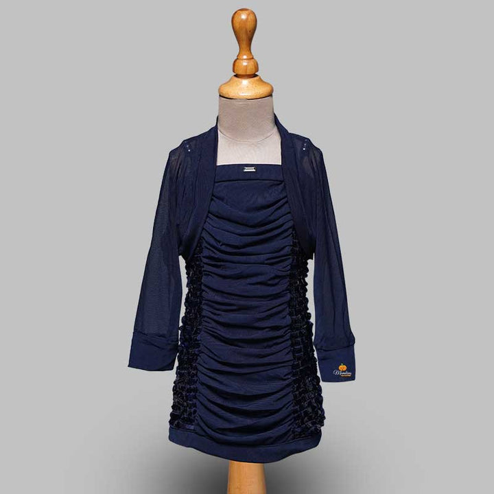 Solid Blue Girls Midi With Square Neck & Jacket Variant Front View