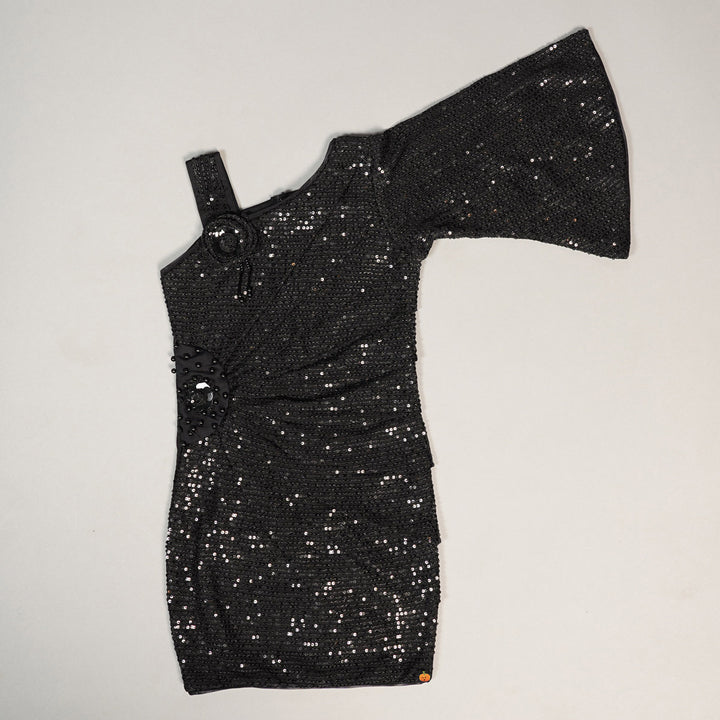Black Solid Girls Midi With Glitter Designs Variant Front View