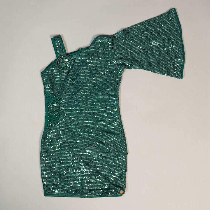 Solid Green Girls Midi With Glitter Designs Front View