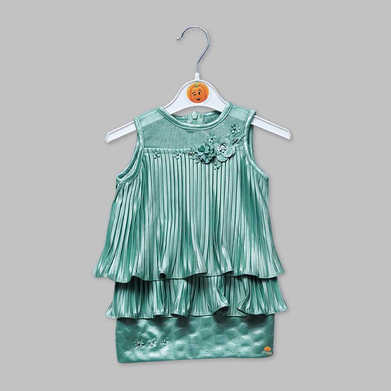 Green Shiny Frilled Girls Midi Front View