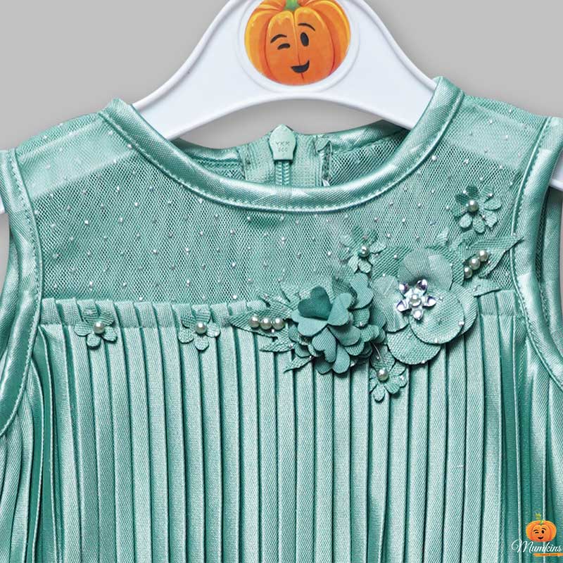 Green Shiny Frilled Girls Midi Close Up View