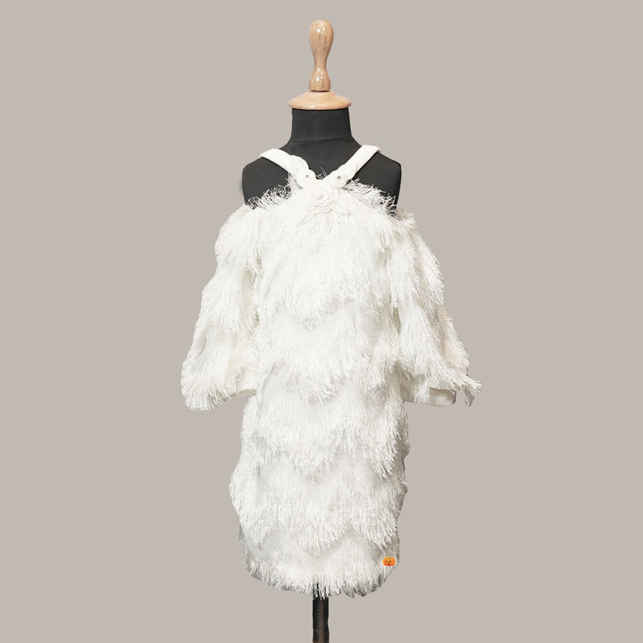 Cream Furry Off Shoulder Girls Midi  Front View