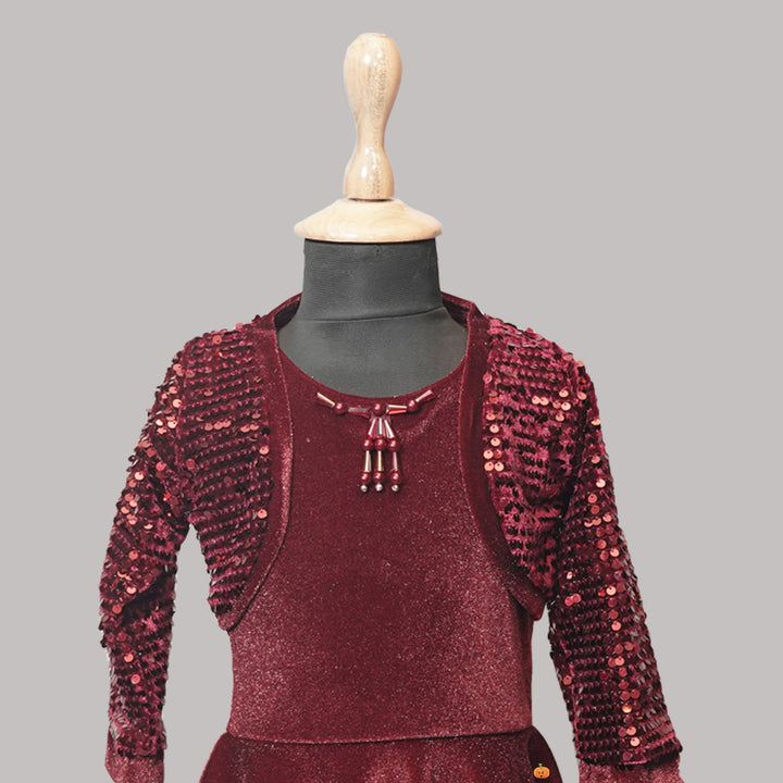 Maroon Sequin Girls Midi with Sequin Jacket Close Up View