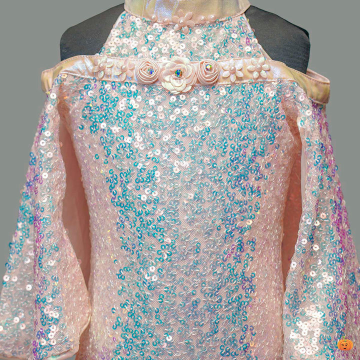Party Wear Sequin Off- Shoulder Girls Midi Close Up View
