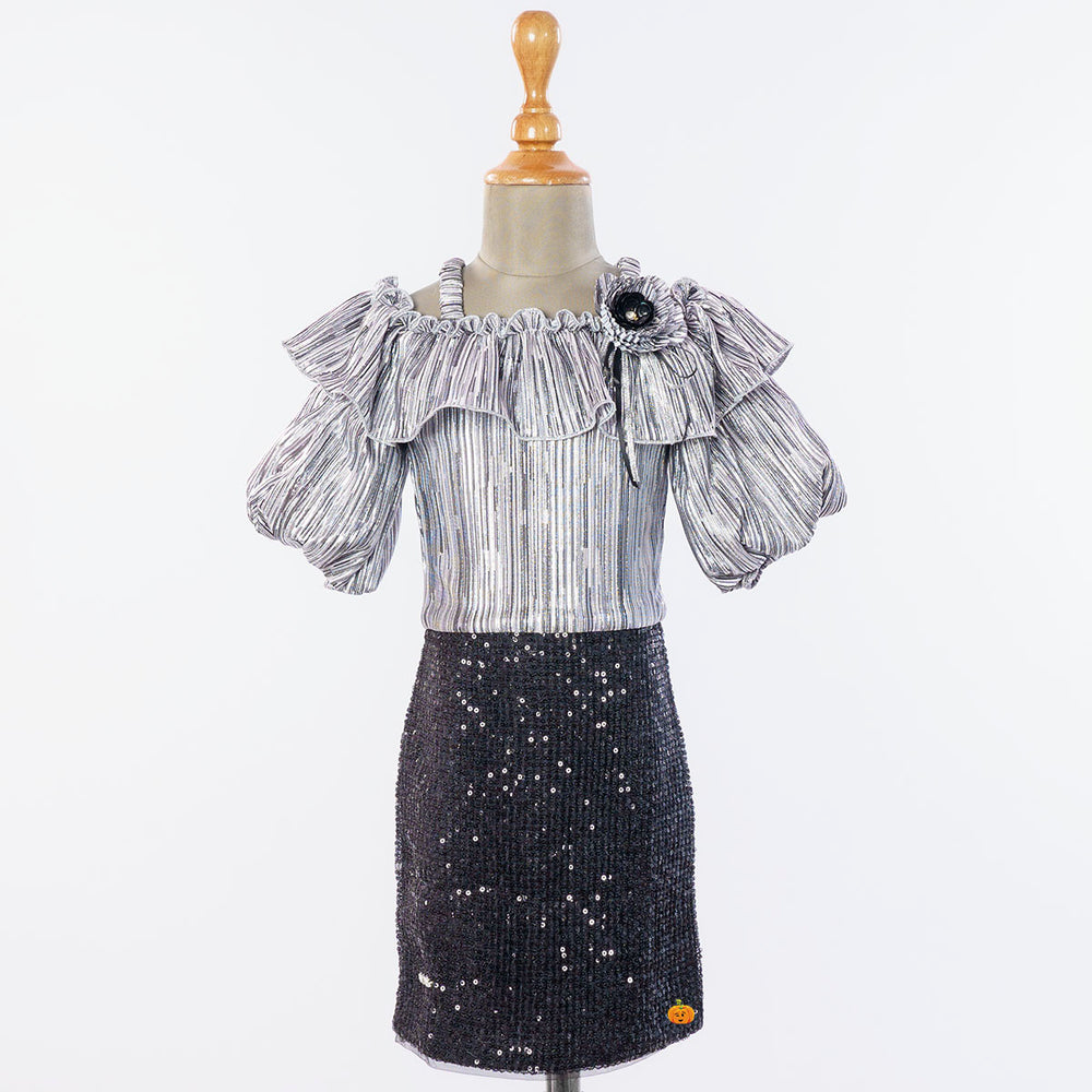 Silver Sequin Girls Midi Front View