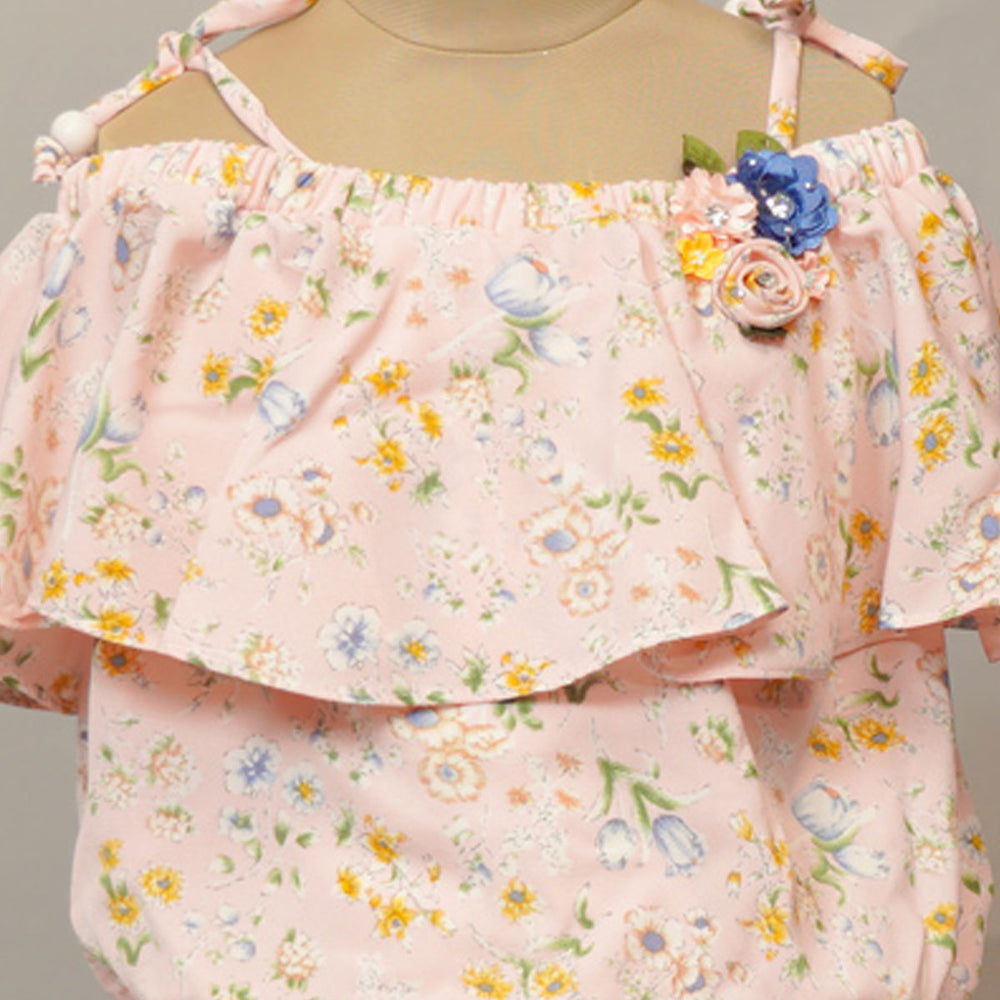 Pink Printed Off Shoulder Layered Girls Midi Close Up View