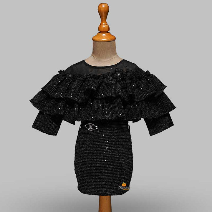 Solid Ruffled Shimmer Full Sleeves Girls Midi