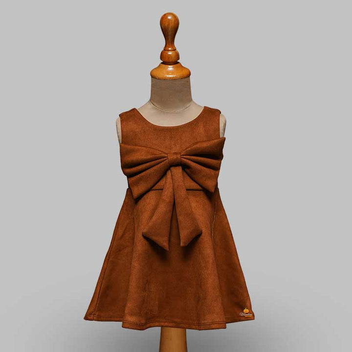 Solid Brown Shiny Sleeveless Girls Midi  With Elegant Bow Front View