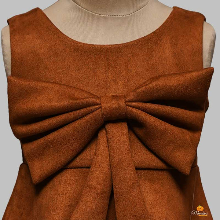 Solid Brown Shiny Sleeveless Girls Midi  With Elegant Bow Close Up View