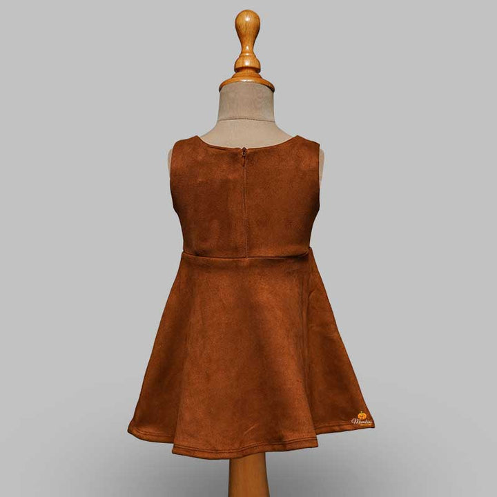Solid Brown Shiny Sleeveless Girls Midi  With Elegant Bow Back View