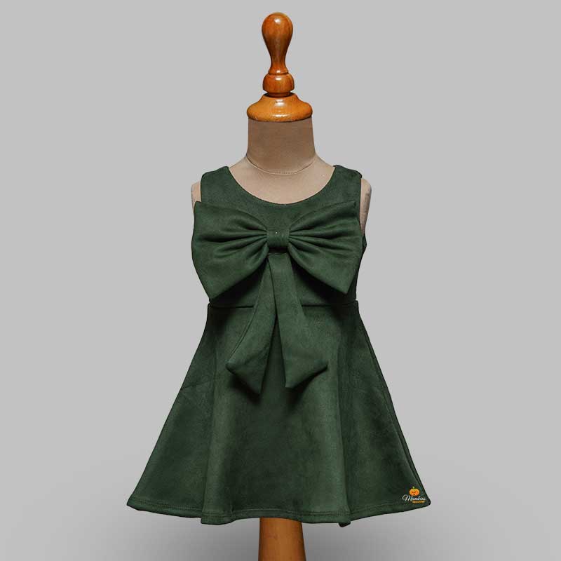 Solid Green Shiny Sleeveless Girls Midi  With Elegant Bow Front View