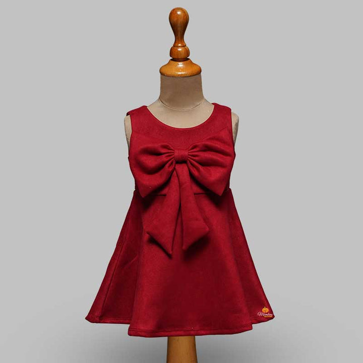 Solid Maroon Shiny Sleeveless Girls Midi  With Elegant Bow Front View