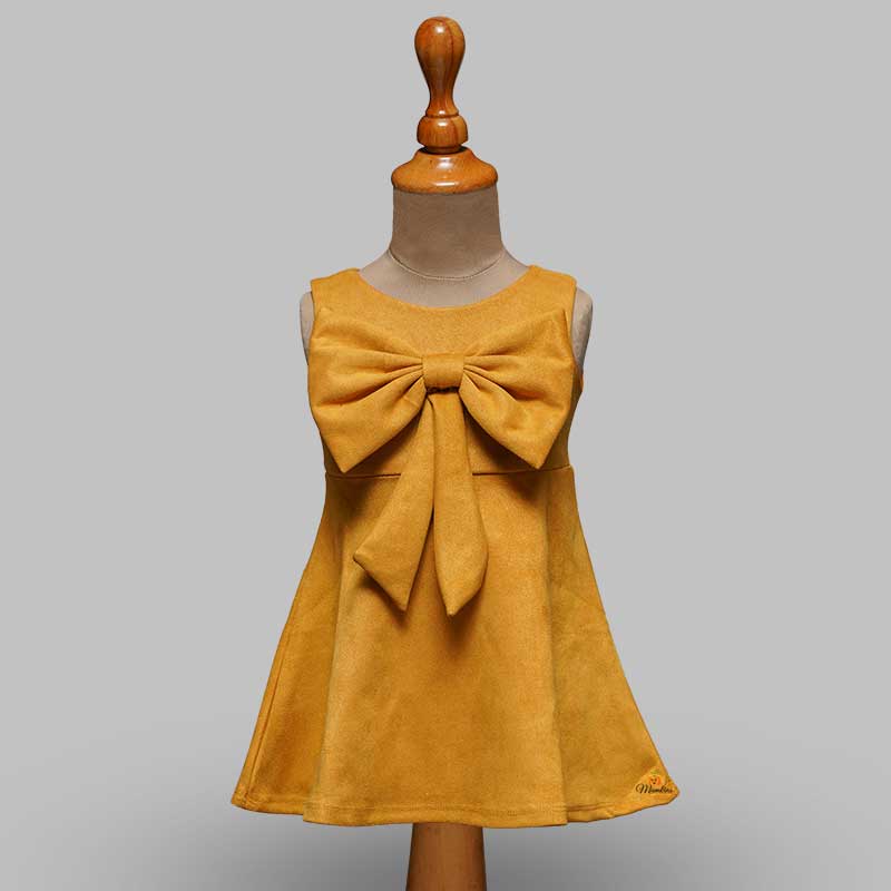 Solid Orange Shiny Sleeveless Girls Midi  With Elegant Bow Front View