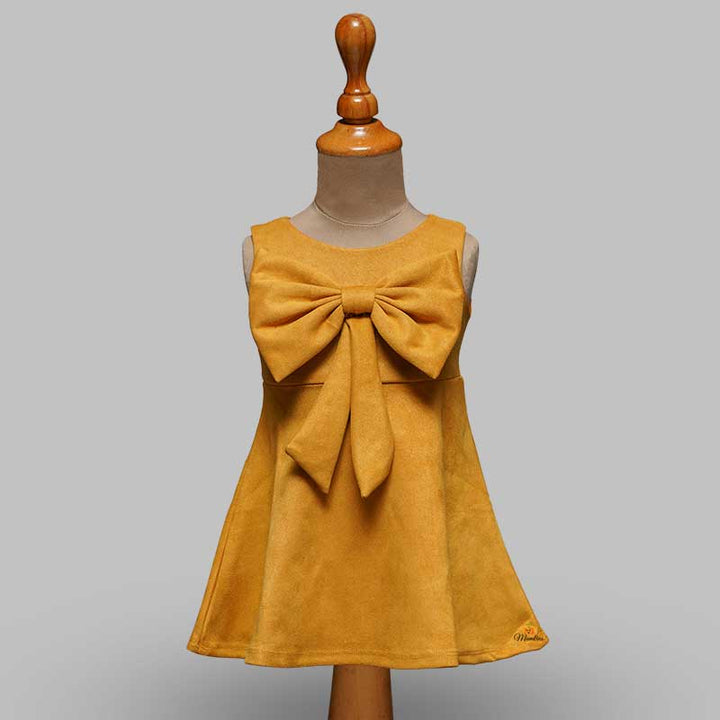 Solid Orange Shiny Sleeveless Girls Midi  With Elegant Bow Front View