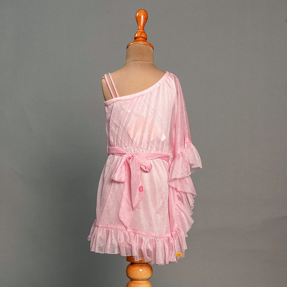 Pink One Shoulder Frilled Girls Midi Back View