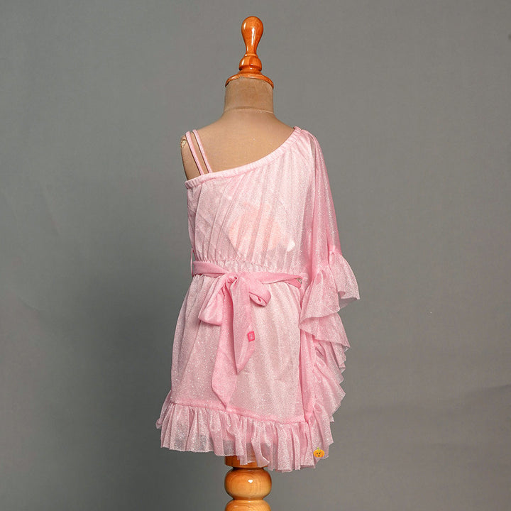 Pink One Shoulder Frilled Girls Midi Back View