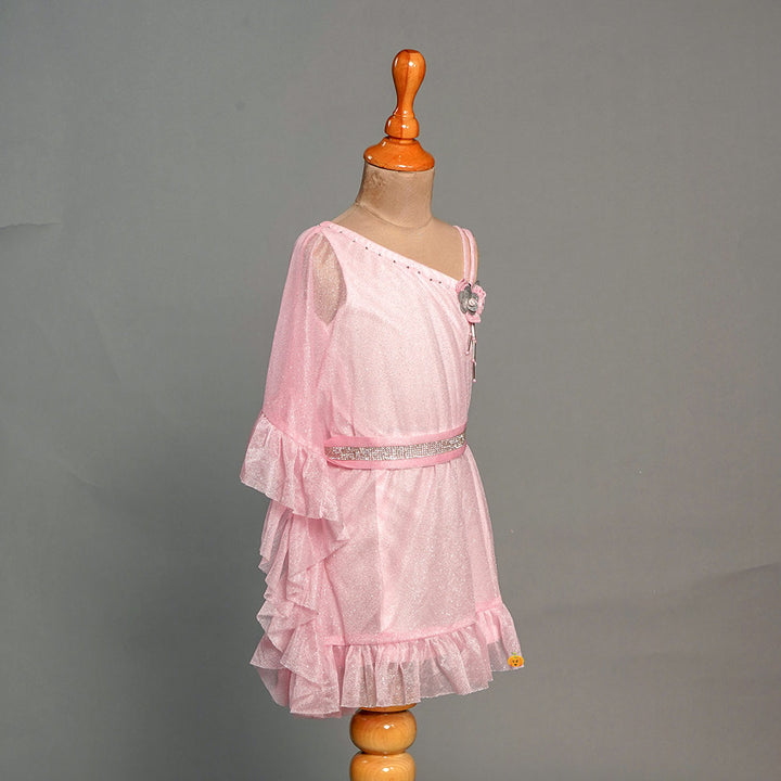Pink One Shoulder Frilled Girls Midi Side View