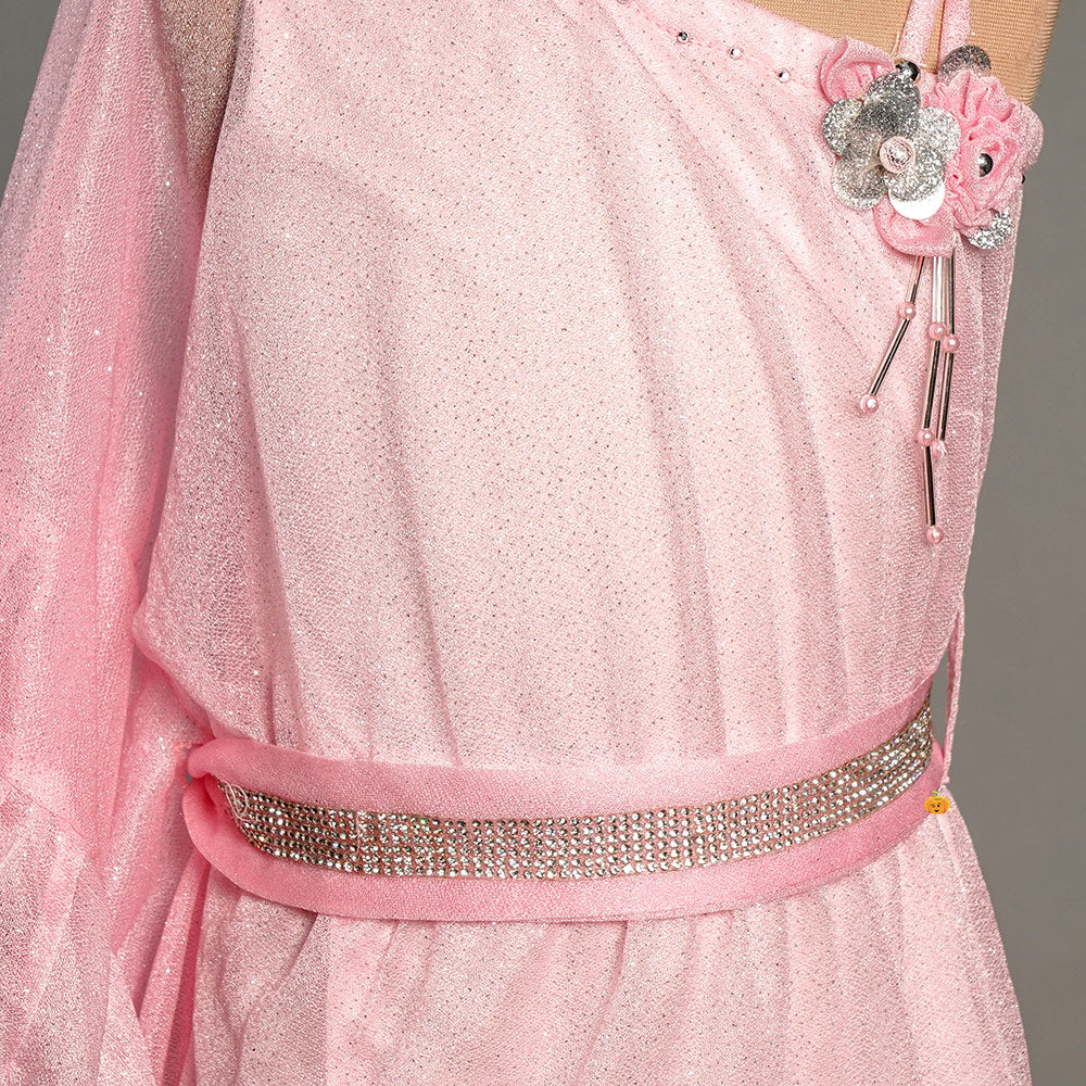 Pink One Shoulder Frilled Girls Midi Close Up View