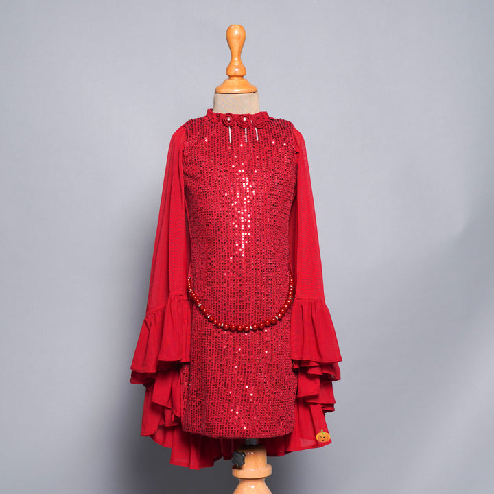 Maroon Girls Midi With Shimmer Patterns Front View