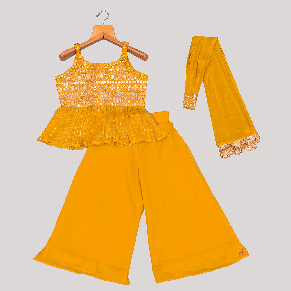 Mustard Sequin Embroidered Girls Palazzo Suit Front View