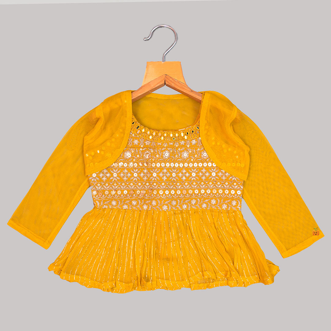 Mustard Sequin Embroidered Girls Palazzo Suit Top View