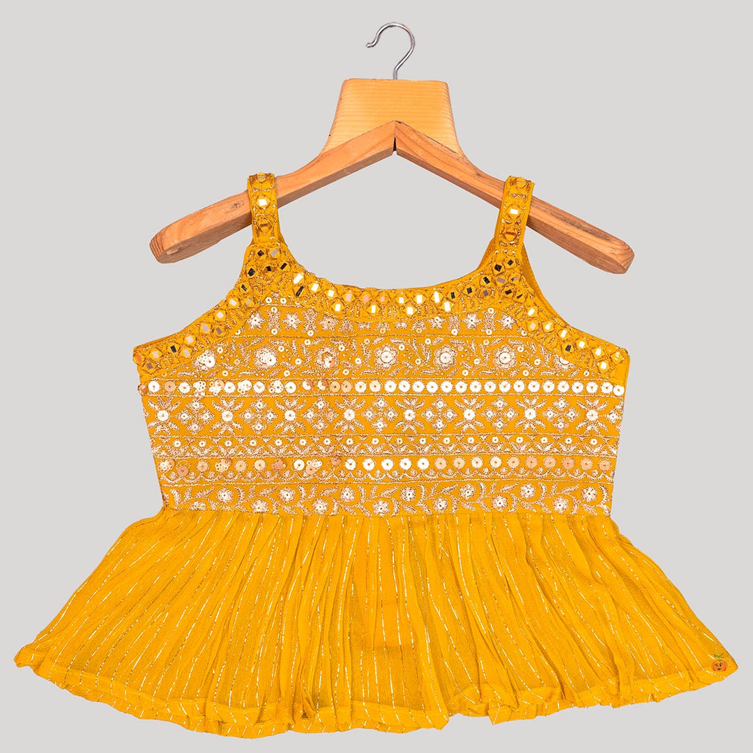 Mustard Sequin Embroidered Girls Palazzo Suit Top View