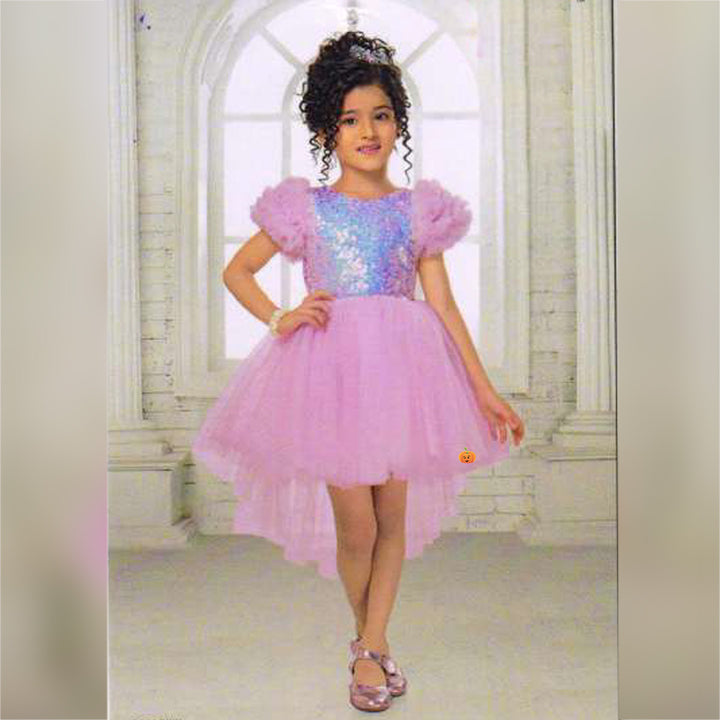 Pink Frill Sleeves Sequin Girls Gown Model Image View
