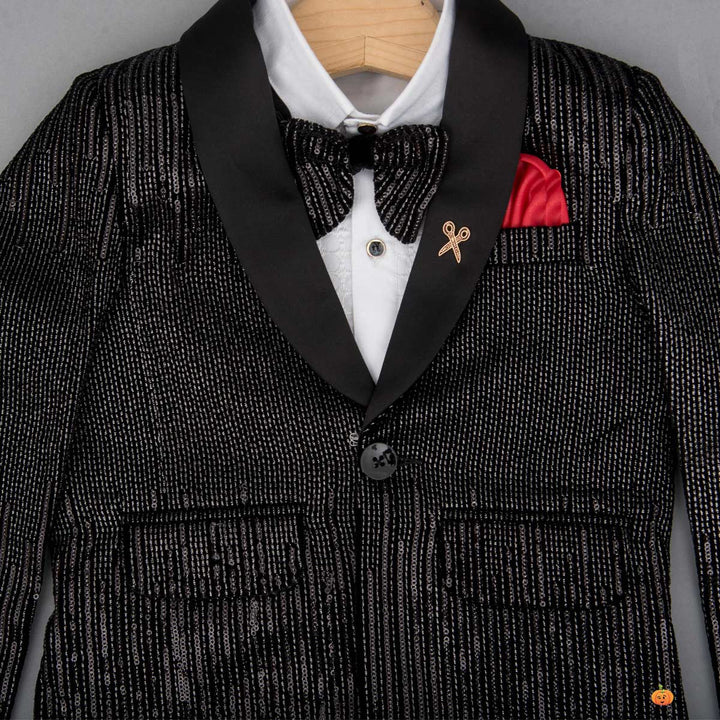 Black Sequin Boys Tuxedo Suit Close Up View