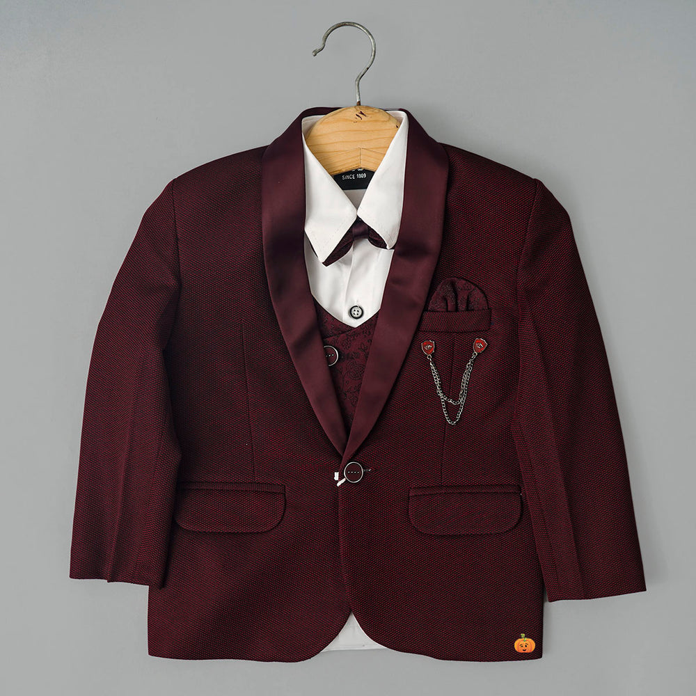 Wine Boys Tuxedo Suit with Bow Tie Top View