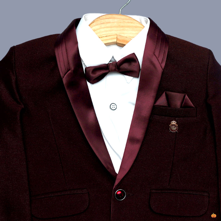 Solid Wine Bow Tie Boys Tuxedo Close Up View