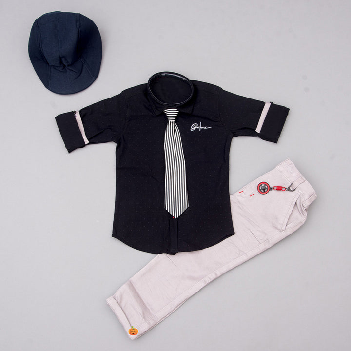 Navy Blue Boys Party Wear Dress with Tie & Cap Full View