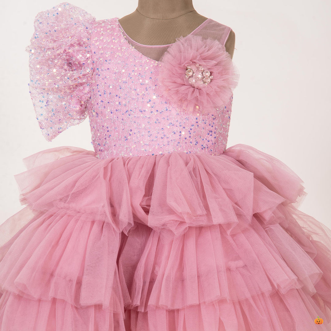 One Shoulder Pink Girls Frock Close Up View