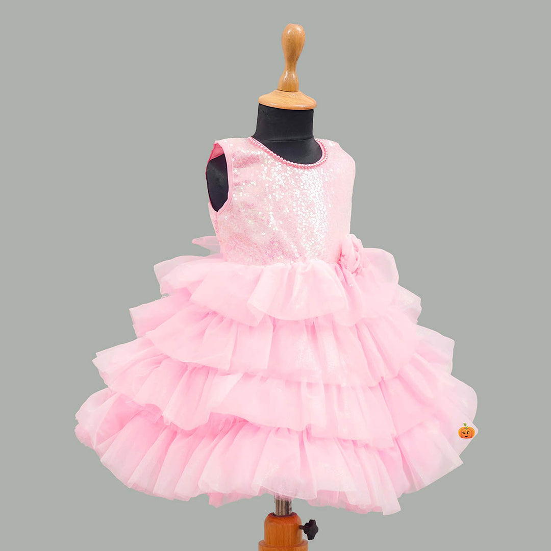 Pink Sequin Layered Girls Frock Side View