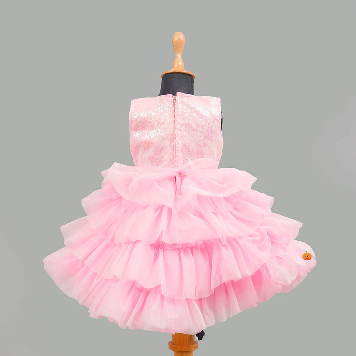 Pink Sequin Layered Girls Frock Back View