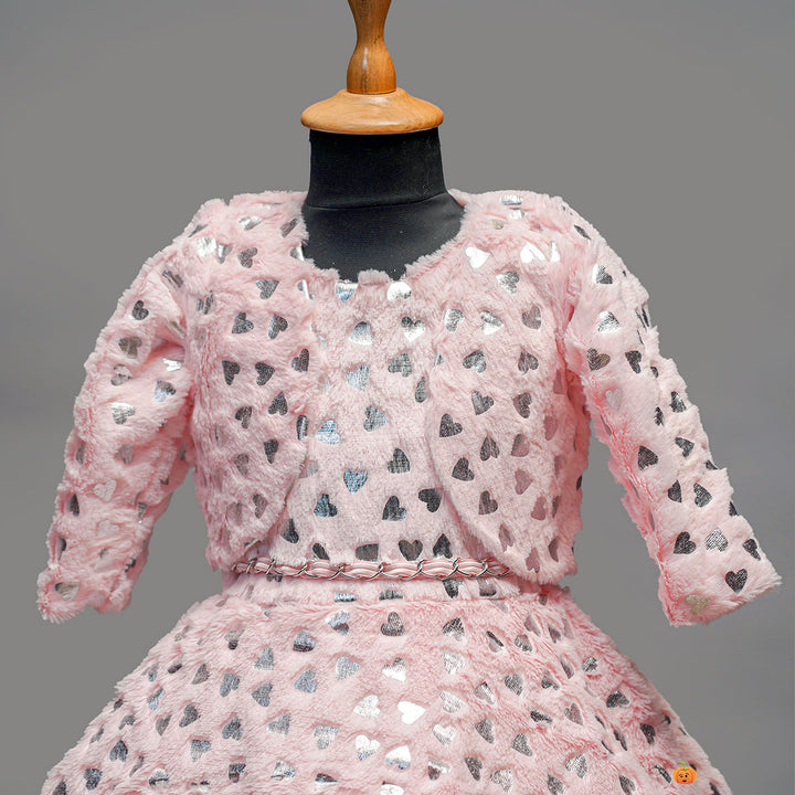 Pink Winter Wear Girls Frock Close Up View