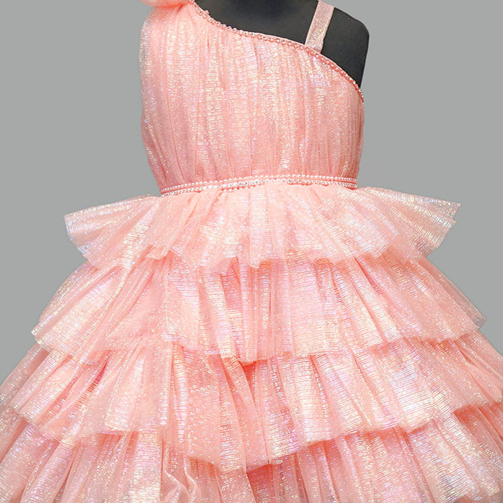 Peach One Shoulder Girls Frock Close Up View