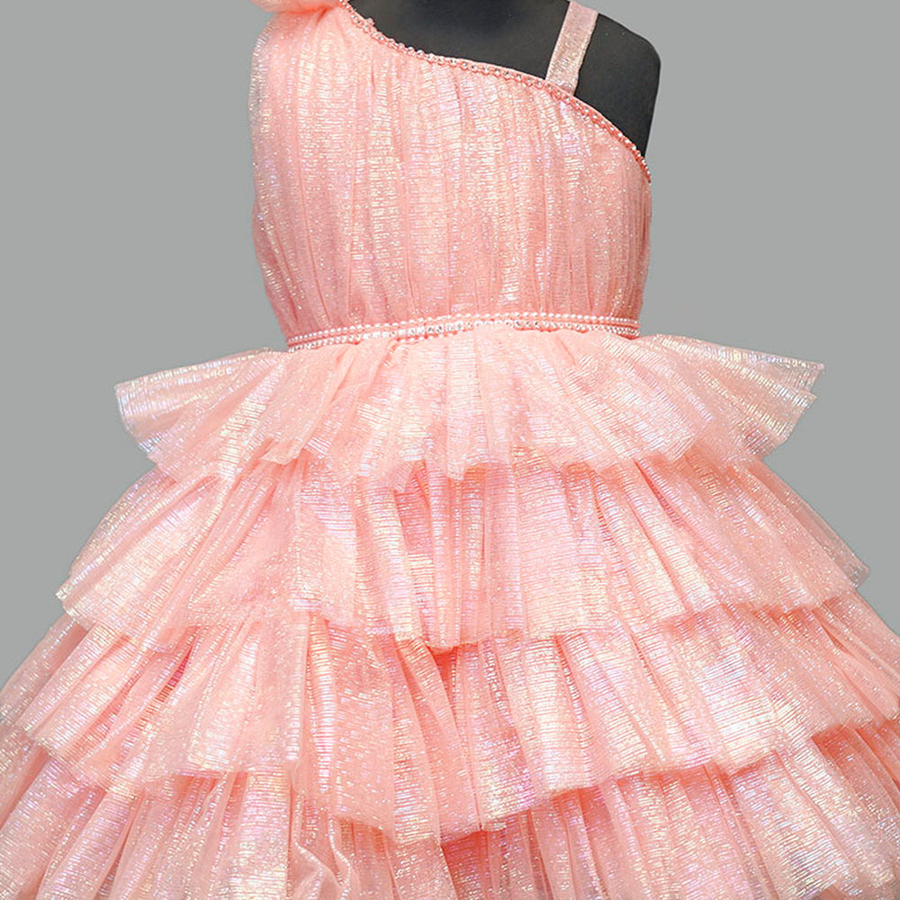 Peach One Shoulder Girls Frock Close Up View