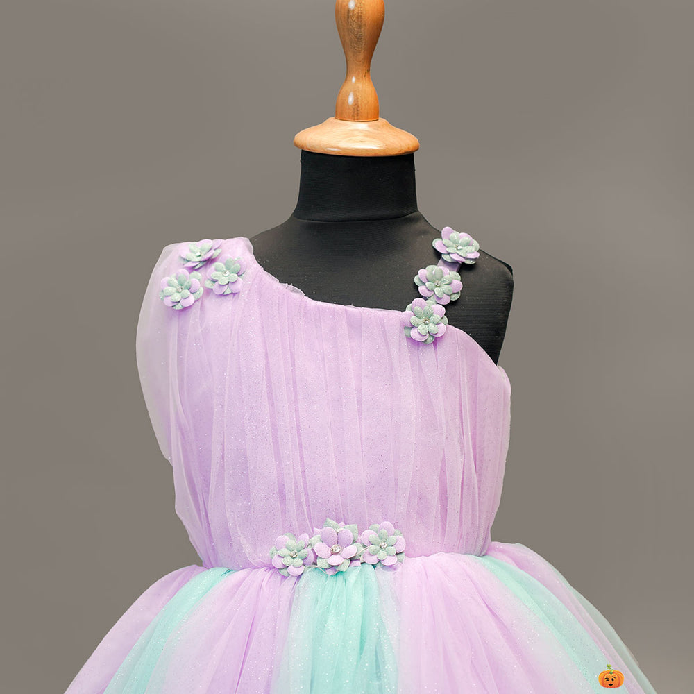 Purple One Shoulder Girls Frock Close Up View