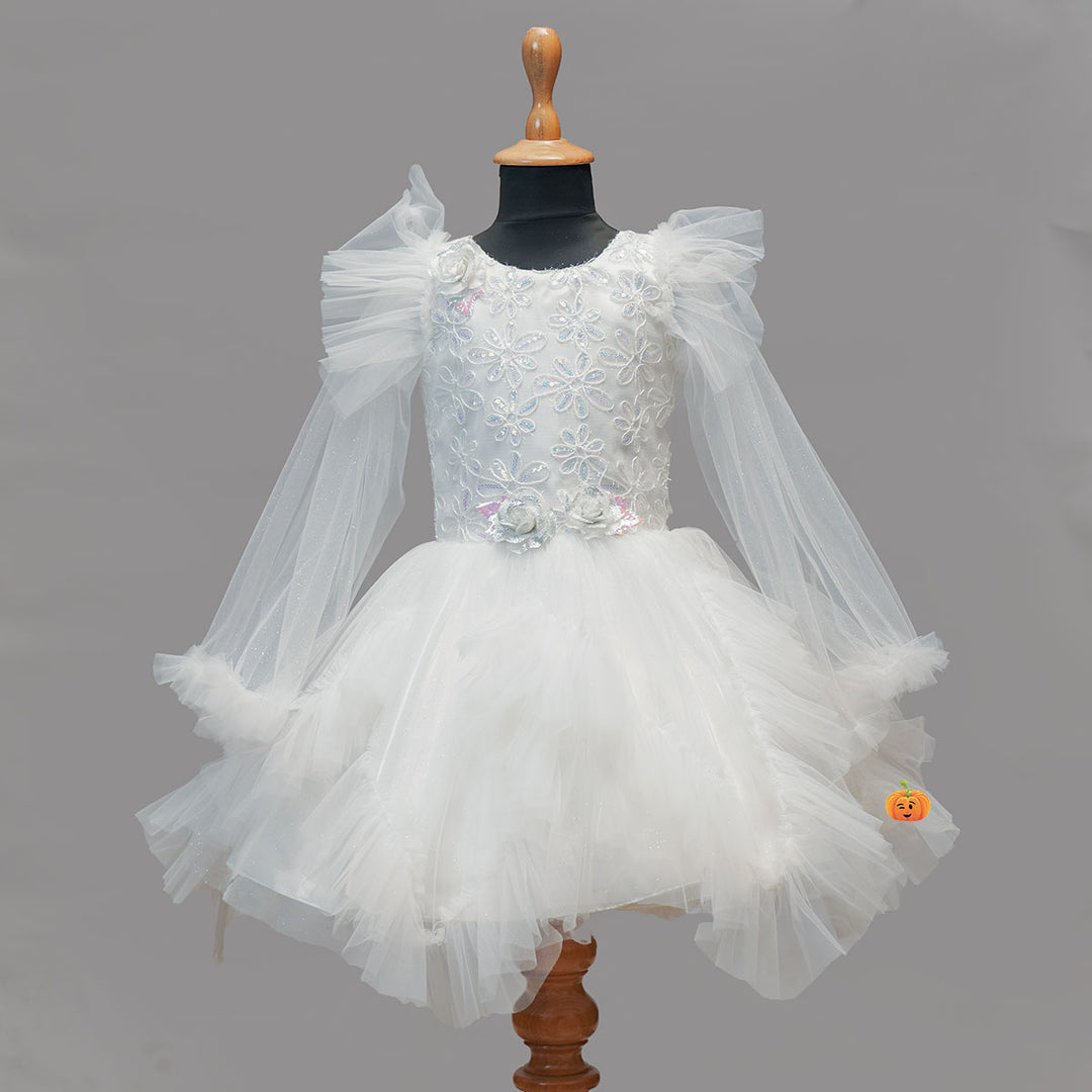 White Sequin Floral Girls Frock Front View
