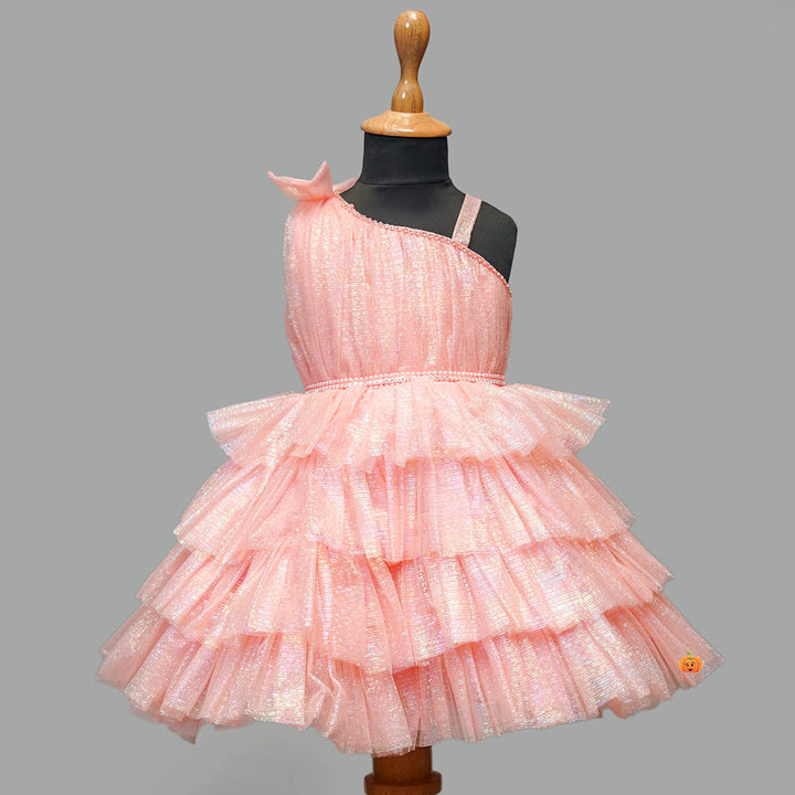 Peach One Shoulder Girls Frock Front View 