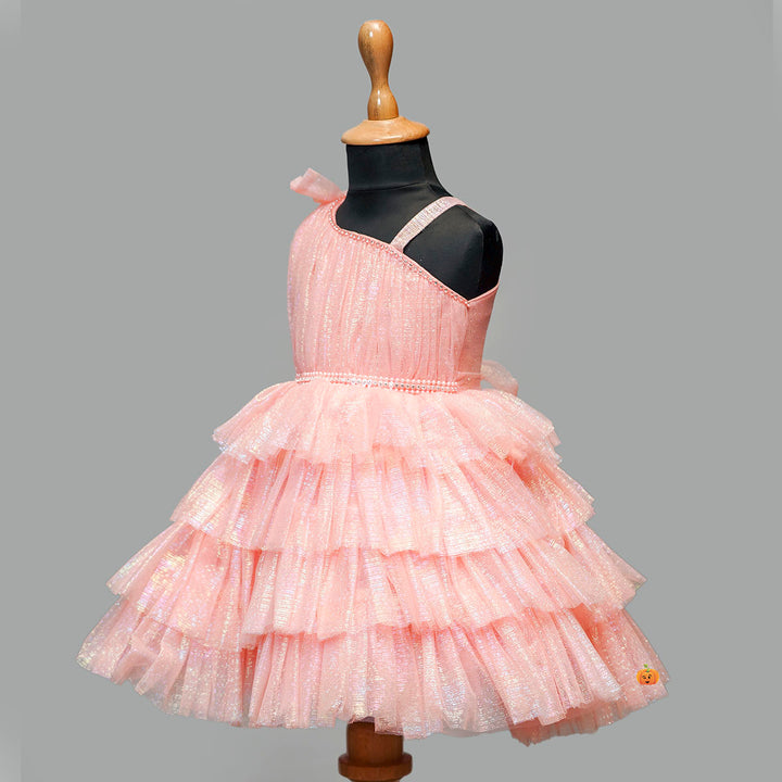 Peach One Shoulder Girls Frock Side View 