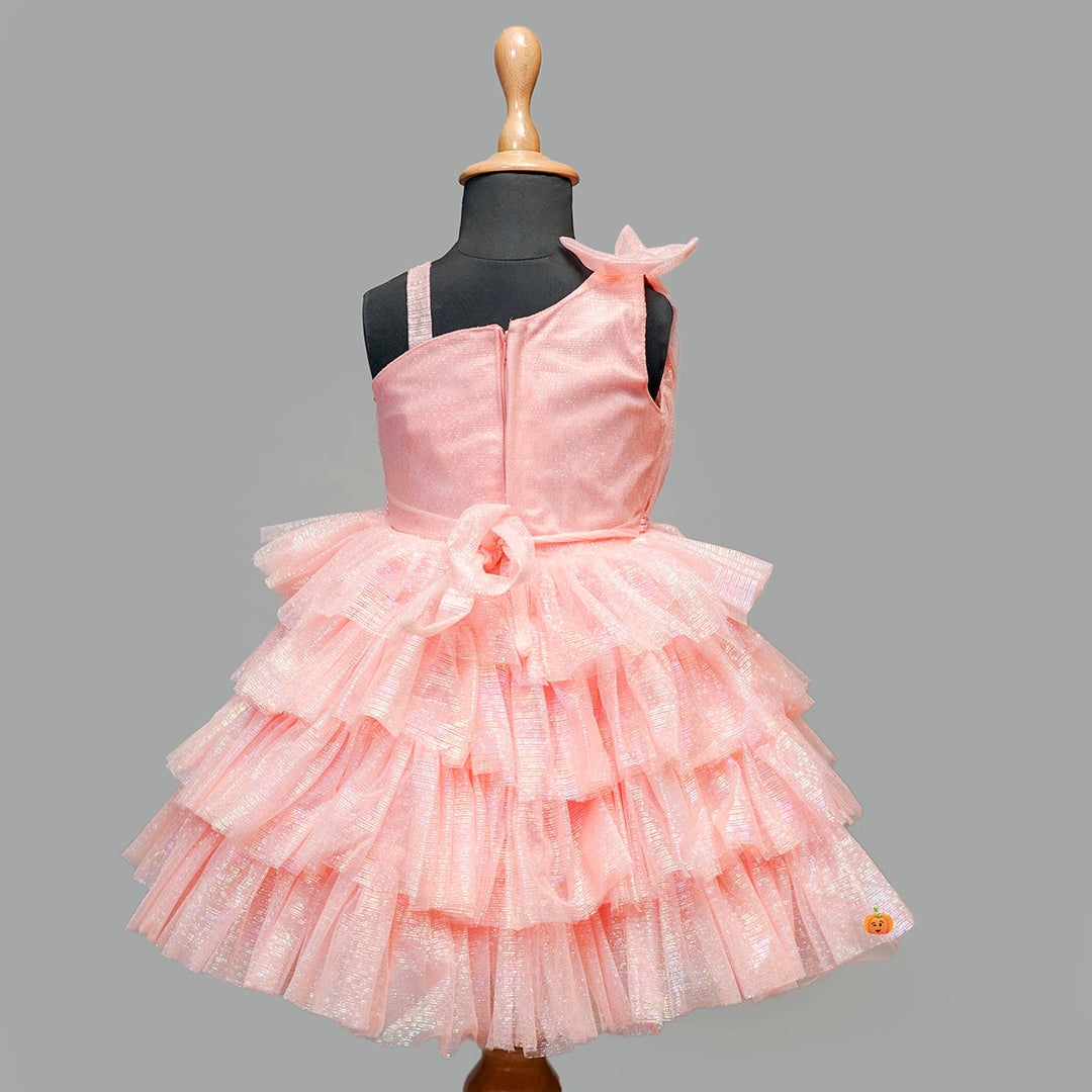 Peach One Shoulder Girls Frock Back View 