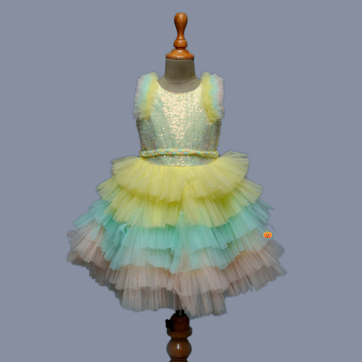Lemon & Multi Layered Sequin Girls Frock Front View